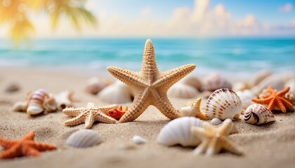 Fototapeta na wymiar Starfish and seashells on seashore - beach holiday background