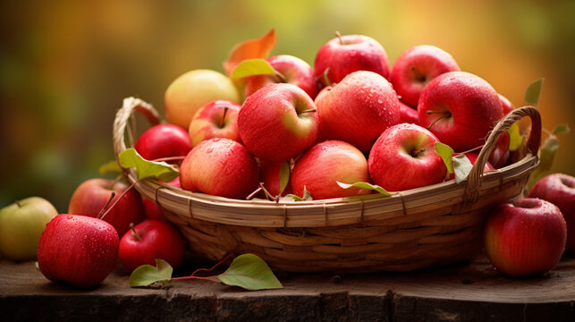 Fresh, ripe apples in a wicker basket, a nature harvest . Fresh Ripe Apples in a Wicker Basket