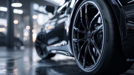 Close up car alloy wheel. side black car background      - obrazy, fototapety, plakaty