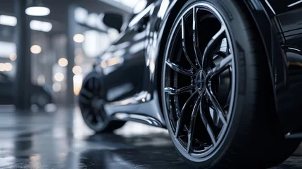 Fotobehang Close up car alloy wheel. side black car background      © Emil