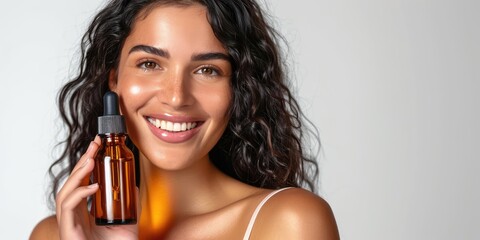 Beautiful smiling young woman with clean skin holding facial essential oil or serum with dropper, rejuvenation and skin care, white background
