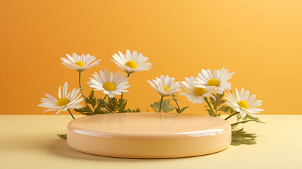 Chamomiles on yellow pedestal podium mockup