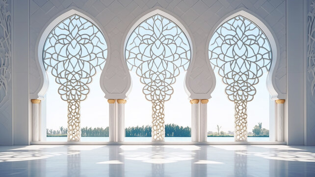 Ramadan Kareem background with  mosque arch in the white mosque
