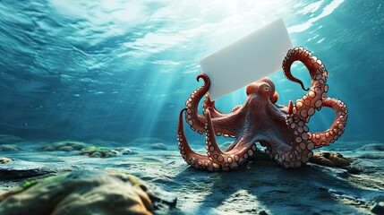 Cute pink octopus 3d cartoon with blank sign in his tentacles underwater