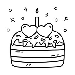 Celebratory cake with two hearts and burning candle. Sweet gift for Valentines Day, anniversary or wedding. Black and white vector isolated illustration hand drawn doodle. February 14, romance