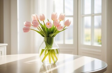 Fresh spring flowers light pink tulips bouquet in glass vase on table modern light interrior mothers day valentines