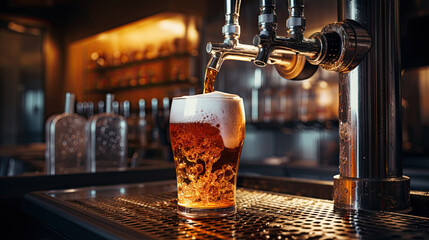 Beer from row of taps filling glass against bar background, mug beer with foam - obrazy, fototapety, plakaty