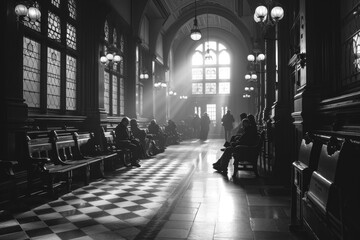 A black and white dramatic portrayal of the court