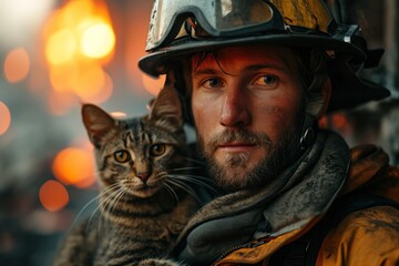 A cinematic depiction of a brave and handsome firefighter holding a cat