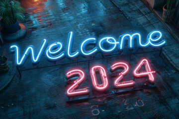 „Willkommen 2024“ in Neonröhre