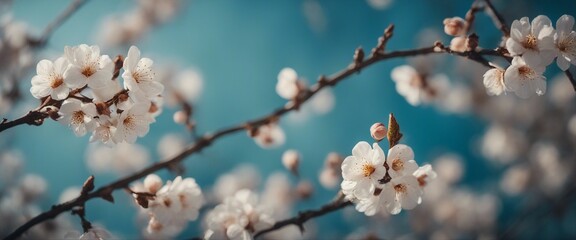 Panoramic shot of flowering apricot branches on a blue background 