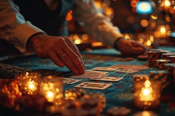 Gaming at a casino table with a croupier and chips