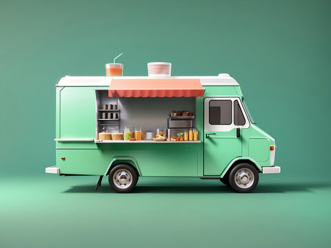 Food truck isolated on green background design, takeaway food and drinks van mock-up, 3d style design.