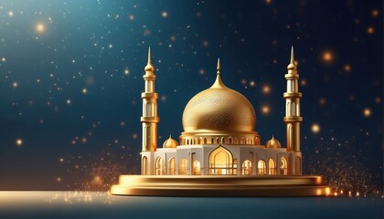 3D illustration of a mosque with golden moon and stars ornament
