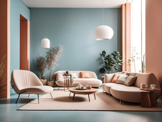 Group of minimalist interiors with stylish furniture and decor near colour walls design.