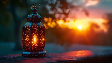 Lantern in the garden at sunset. Ramadan Kareem background