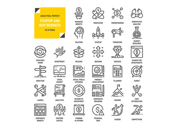 Vector set of startup and new business flat line web icons. Each icon with adjustable strokes neatly designed on pixel perfect 48X48 size grid. Fully editable and easy to use.