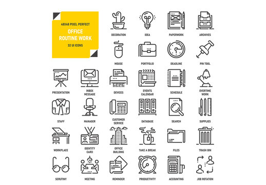 Vector set of office and business flat line web icons. Each icon with adjustable strokes neatly designed on pixel perfect 48X48 size grid. Fully editable and easy to use.
