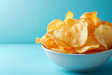 "Crispy Delight: Potato Chips Served in a Dish on a Blue Canvas"
