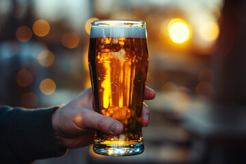 "Sip of Joy: Hand Holding a Glass of Beer in Celebration"
