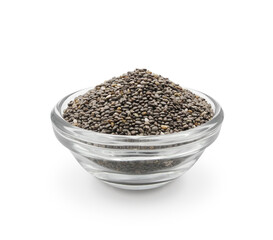 Chia seeds in small glass bowl isolated on white background side view. Superfood, healthy eating.  