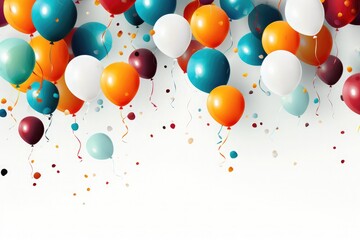 Colorful balloons confetti ribbon with anniversary and birthday festive decoration on white Background