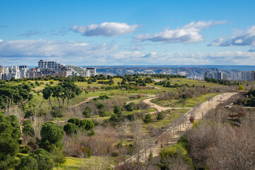 Fototapeta na wymiar Landscape of Public Felipe VI Park or Valdebebas Forest Park - Madrid’s biggest urban park (340 hectares). Madrid, Spain.