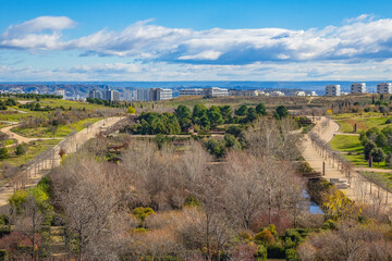 Landscape of Public Felipe VI Park or Valdebebas Forest Park - Madrid’s biggest urban park (340 hectares). Madrid, Spain.