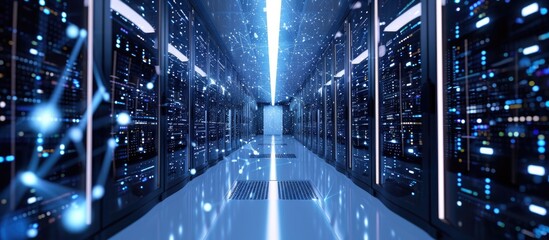 Corridor in active data center with rack servers and supercomputers.