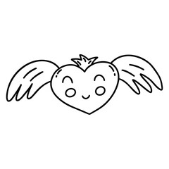 Happy smiling heart with wings and crown. Valentines Day. February 14th. Black and white isolated vector illustration doodle hand drawn on white background. Holiday love print contour