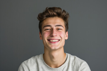 Fototapeta premium A young man in a grey shirt smiles for the camera