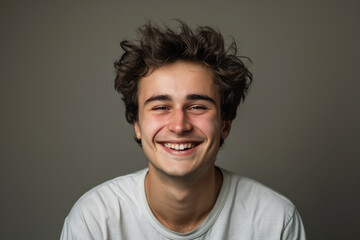 A young man with curly hair is smiling for the camera
