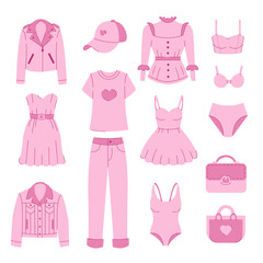 Set of pink clothes for girls or princesses. Spring and summer looks. Fashion clothes and accessories. Vector illustration