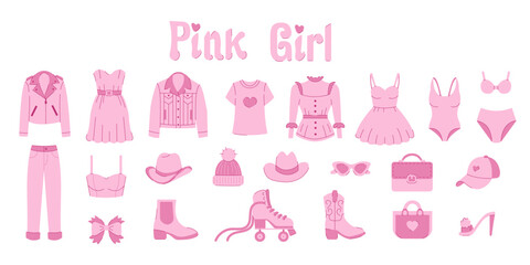 Barbiecore pink set. Cute pink trendy collection, pink doll aesthetic clothing and accessories.