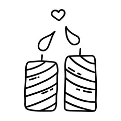 Two candles in love leaned their flames towards each other. Valentines day concept. Black and white vector isolated illustration hand drawn doodle clip art. February 14th, declaration of feelings