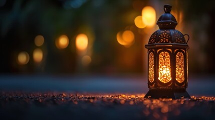 an islamic lantern sitting on the ground with bokeh lights islamic light