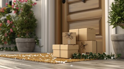 Fototapeta na wymiar Parcel delivery service. Stack of boxes on the doormat near entrance door. Internet shopping, online purchases, e-commerce, shipping service concept. 3d render. 3d illustration 