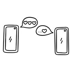 Two phones exchange love messages. Declaration of love. Valentines day concept. Black and white vector isolated illustration hand drawn doodle clip art. February 14, romance. Chat online