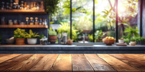 Dining room wooden tabletop at kitchen with large house plants and view through window on garden...