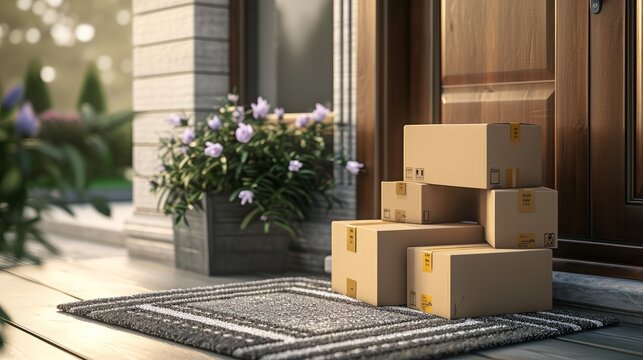 Parcel delivery service. Stack of boxes on the doormat near entrance door. Internet shopping, online purchases, e-commerce, shipping service concept. 3d render. 3d illustration  