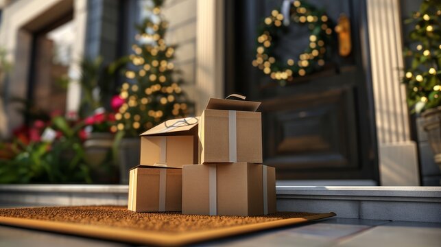 Parcel delivery service. Stack of boxes on the doormat near entrance door. Internet shopping, online purchases, e-commerce, shipping service concept. 3d render. 3d illustration    