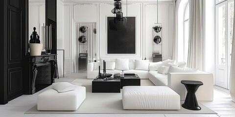 A black and white living room with white furniture, white and black monochrome interior decor.