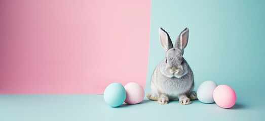 Fototapeta na wymiar A charming grey rabbit sits between pastel-colored eggs against a split pink and blue background