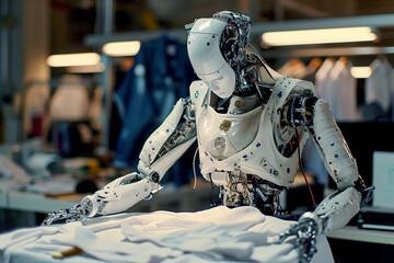 white humanoid robot in a tailoring workshop environment. The robot's hands are equipped with tools suitable for sewing, automated garment manufacturing. Spools of thread, scissors