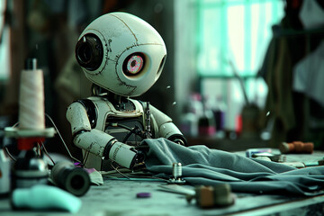 Fototapeta premium robot with a single large eye, engaged in sewing with a piece of gray fabric, sewing tools and accessories on a table, robotics, automation in garment manufacturing, artificial intelligence