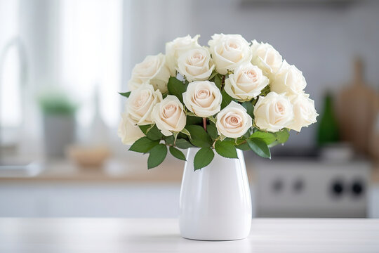 The kitchen ambiance is enhanced by the presence of a white vase filled with elegant white roses on the table.