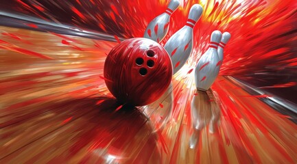 a bowling ball and pins hitting - obrazy, fototapety, plakaty