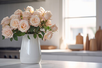 a vase with beige roses stands on the kitchen table, creating a tranquil setting.