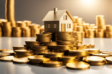 Real estate investment concept, house model on stack of gold coins.