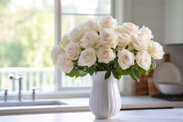 A white vase filled with fresh white roses graces the kitchen table, bringing a touch of natural beauty indoors.